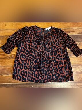 LOFT Burgundy Black Leopard Print Metallic Stripe Ruffle Sleeve Blouse Large